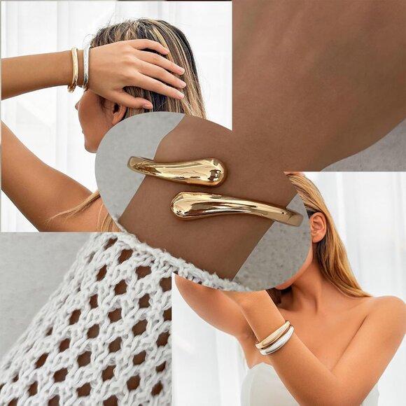 14K Gold Twist Cuff Bangle for Women - Trendy Wide Open Arm Jewelry - Picture 3 of 7